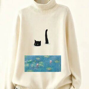 Cat & Water Lily Abstract Print Off-White Turtleneck Sweater